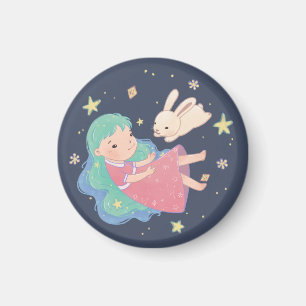 Sternennacht-Häschen- und Mädchen-Illustration Magnet
