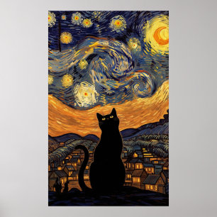 Sternennacht-Katze, inspiriert von Van Gogh Sterne Poster