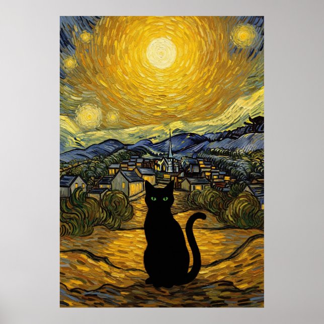 Sternennacht-Katze, inspiriert von Van Gogh Sterne Poster (Vorne)