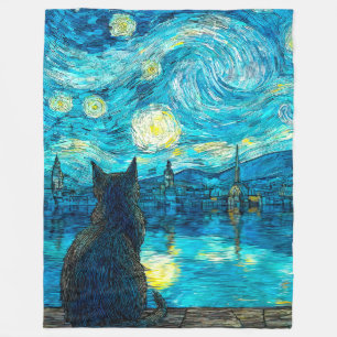 Sternennacht-Katze – Van Gogh Stil Katzenkunst Fleecedecke