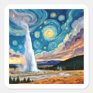 Sternennacht Old Faithful Yellowstone Park Quadratischer Aufkleber