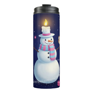 Sternennacht-Schneemann mit Kerzenhut und Eule Thermosbecher