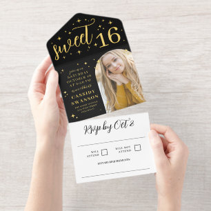 Sternennacht Sweet 16 Schwarz & Gold All-in-One-Einladung