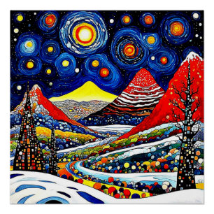 Sternennacht über Winterlandschaft Poster