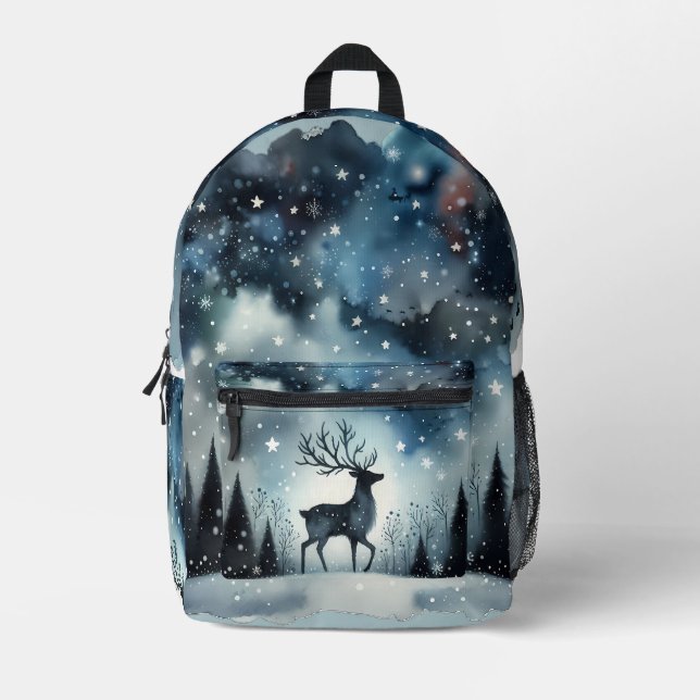 Sternenreiche Winternacht Hirsche Bedruckter Rucksack (Vorderseite)