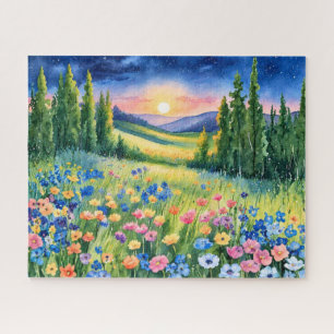 Sternenübersäte Wildblumenwiese im Morgengrauen