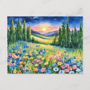 Sternenübersäte Wildblumenwiese im Morgengrauen Postkarte