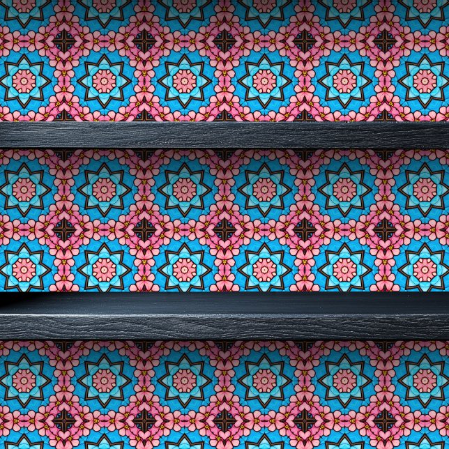 Sternexplosion aus Hartglas Tapete (Stained Glass Floral Starburst Small Print Wallpaper on a shelf)