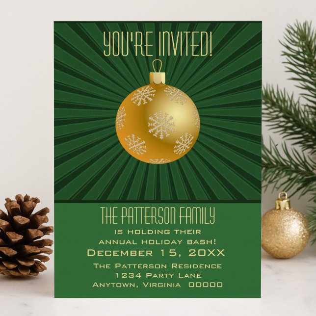 Sternexplosion Streifen Party, Grün und Gold Einladung (Green and Gold Starburst Stripes Ornament Holiday Party Invitation)
