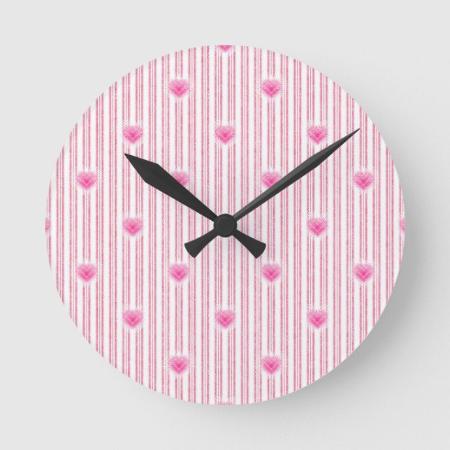 Sternexplosion Valentinherz auf Weichrosa Streifen Runde Wanduhr (Vorderseite)