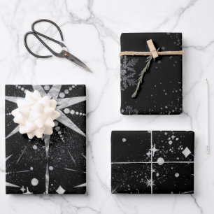 Sternexplosionen für Schwarz- und Silberzwirn Geschenkpapier Set