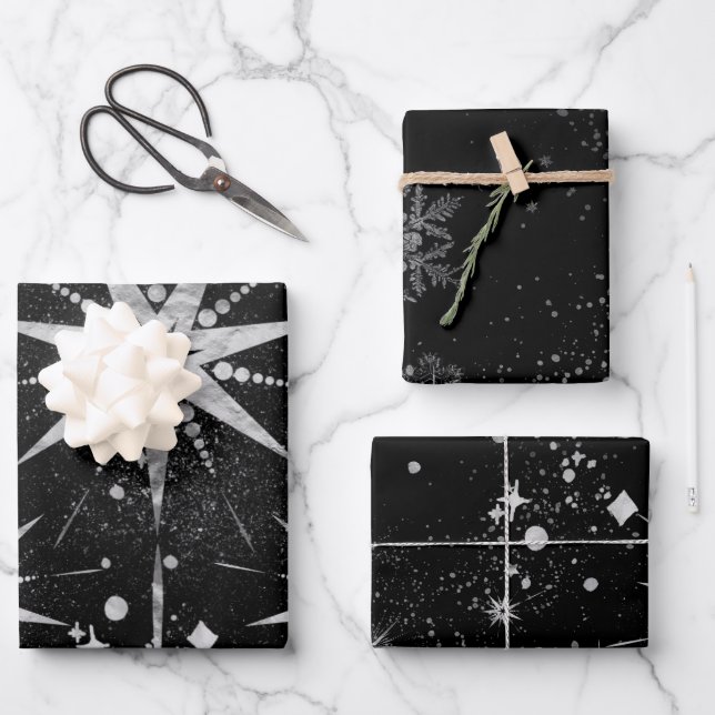 Sternexplosionen für Schwarz- und Silberzwirn Geschenkpapier Set (Vorderseite)