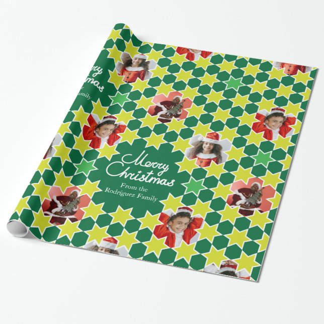 Sternmuster Grün Weihnachtsfamilie Foto-Brauch Geschenkpapier (Ungerollt)