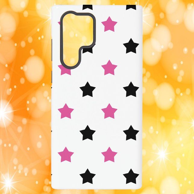 Sternmuster Pink Schwarz-weiß Samsung Galaxy Hülle (A phone case with a pattern of black and pink stars on a white background.)