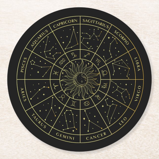 Sternzeichen-Sternbild-Sternbilder Gold-Karte Runder Pappuntersetzer (Vorderseite)