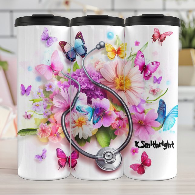 Stethoscope Flowers Butterflies Personalized Tribu Thermosbecher (Von Creator hochgeladen)
