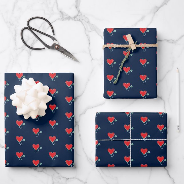 Stethoscope Heart Medical Field Gift Blue Geschenkpapier Set (Vorderseite)