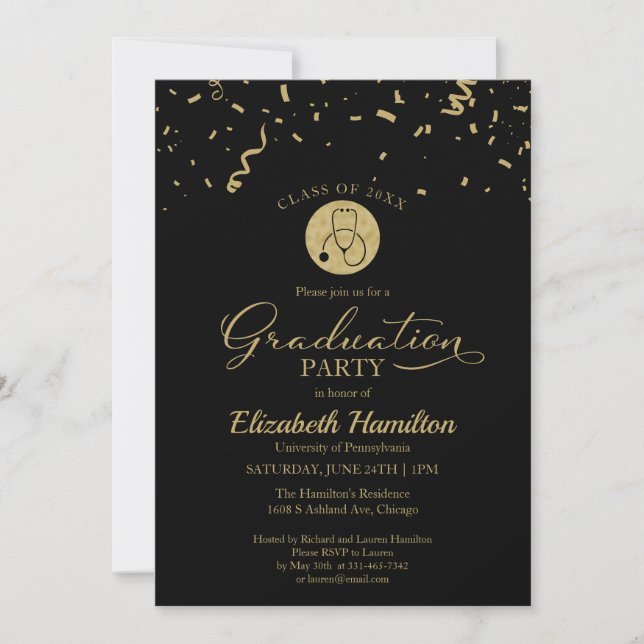 Stethoscope Nursing School Grad Party Gold Black Einladung (Vorderseite)