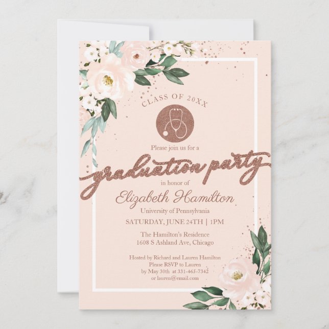 Stethoscope Nursing School Grad Party Pink Floral Einladung (Vorderseite)