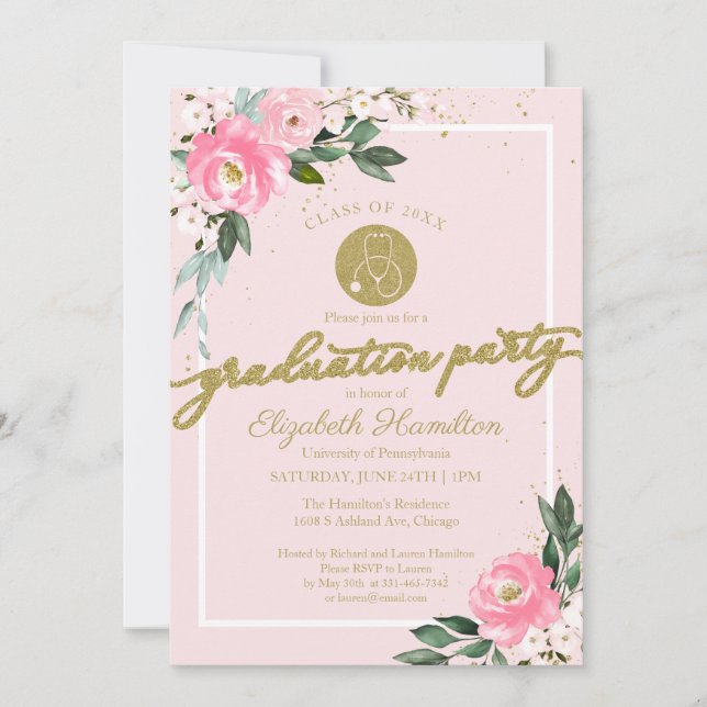 Stethoscope Nursing School Grad Party Pink Floral Einladung (Vorderseite)