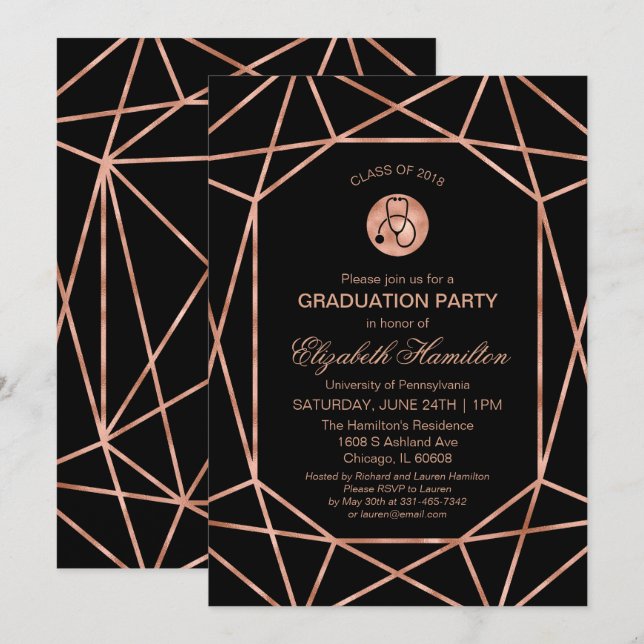 Stethoscope Nursing School Grad Party Rose Gold Einladung (Vorne/Hinten)