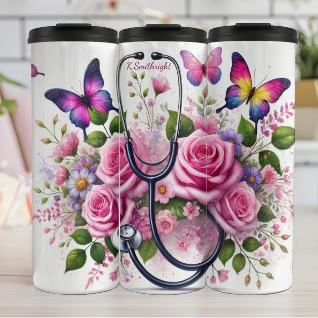Stethoscope Roses Butterflies Elegant Nurse Thermosbecher (Von Creator hochgeladen)