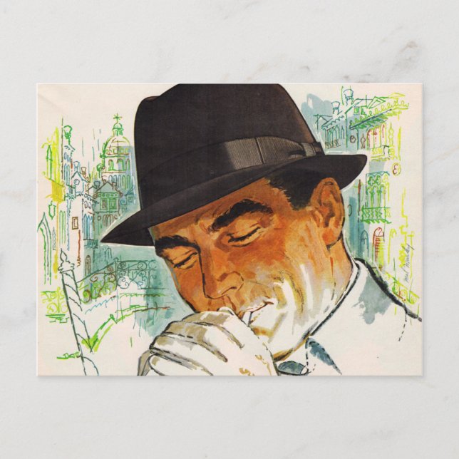 Stetson hat den Mann, der eine Zigarette zündet Postkarte (Vorderseite)