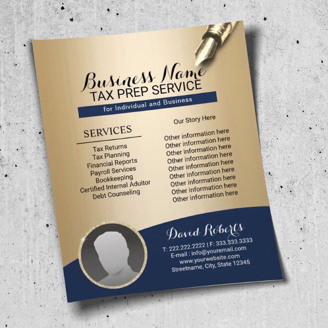 Steuervorbereitung Beratung Navy Gold Foto Flyer (Von Creator hochgeladen)