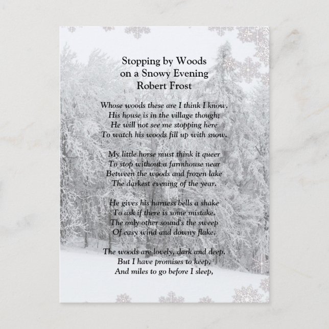Steve Woods Snowy Abend Robert Frost Gedicht Postkarte (Vorderseite)