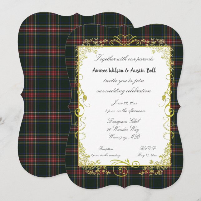Stewart Black Modern Tartan mit Goldrahmen Einladung (Vorne/Hinten)