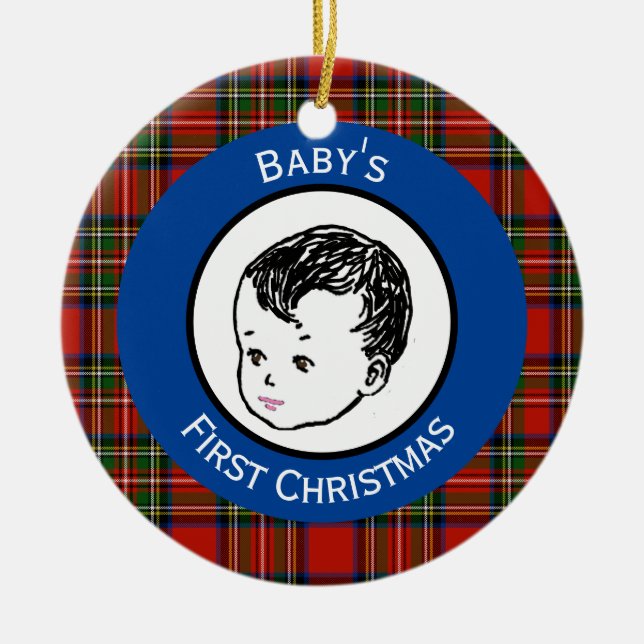 Stewart Kariert Black Hair Baby's First Christmas Keramik Ornament (Vorne)