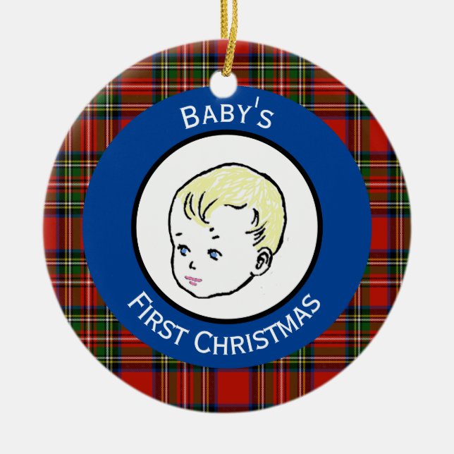 Stewart Kariert Blonde Hair Baby's First Christmas Keramik Ornament (Vorne)
