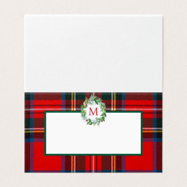 Stewart Xmas Kariert Wreath Monogram Platzkarte (Außenseite Aufgefaltet)