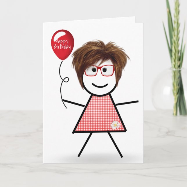 Stick Birthday Gingham Girl mit Red Balloon Karte (Vorderseite)