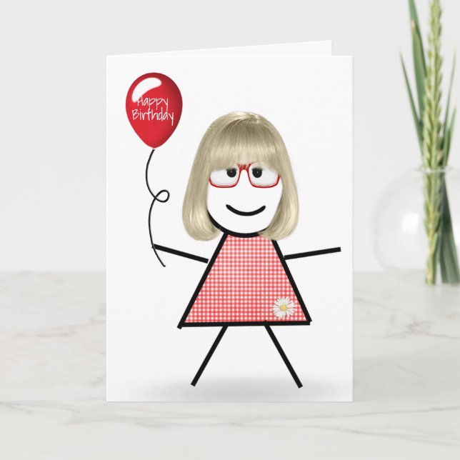Stick Birthday Gingham Girl mit Red Balloon Karte (Vorderseite)