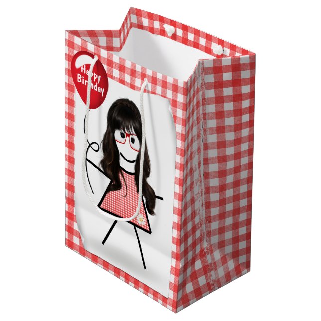 Stick Birthday Gingham Girl mit Red Balloon Mittlere Geschenktüte (Vorderseite Schrägansicht)