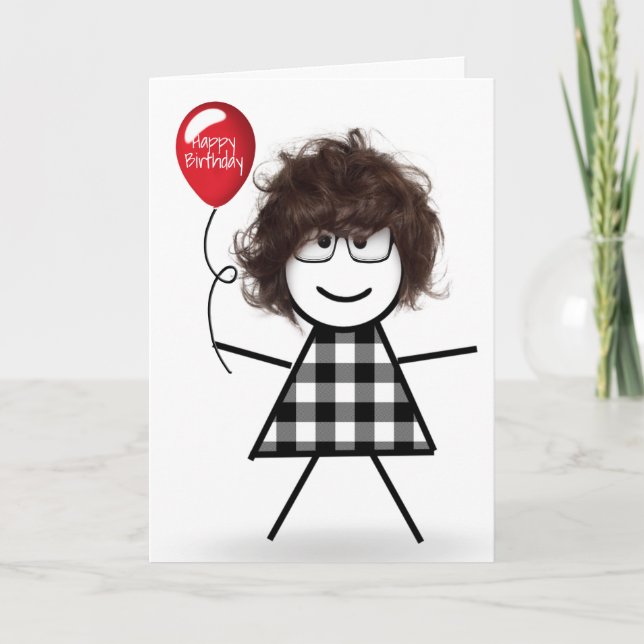 Stick Birthday Girl mit Red Balloon Karte (Vorderseite)