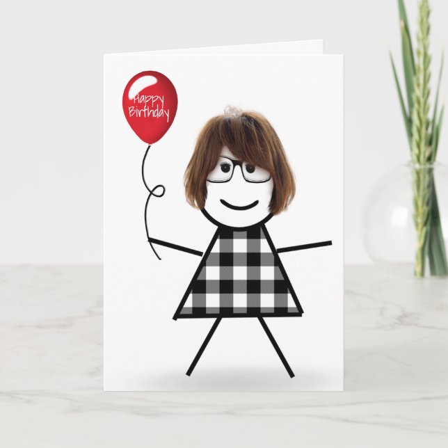 Stick Birthday Girl mit Red Balloon Karte (Vorderseite)