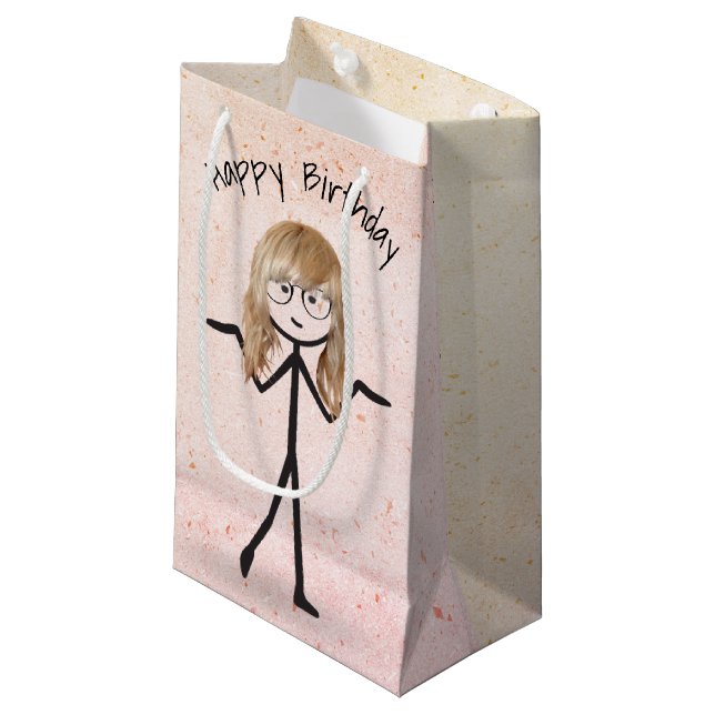 Stick Birthday Girl with Hair Kleine Geschenktüte (Vorderseite Schrägansicht)
