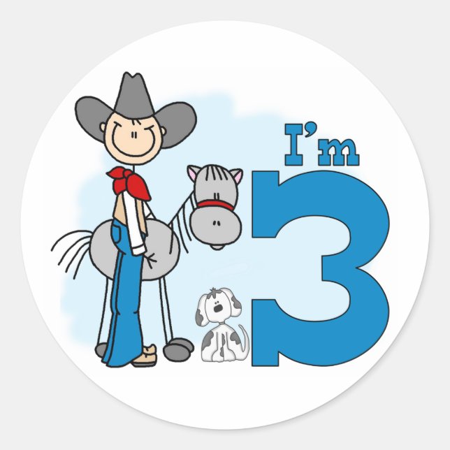 Stick Cowboy 3. Geburtstag Runder Aufkleber (Vorderseite)
