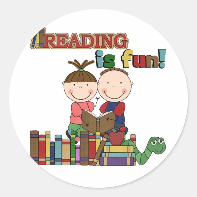 Stick Figur Kids Reading is Fun Runder Aufkleber (Vorderseite)