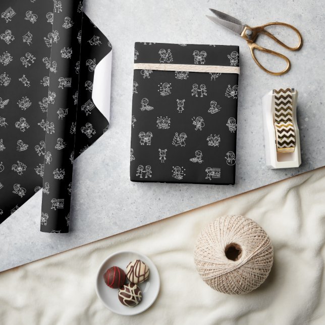 Stick Figure Christmas Cheer White on Black Holida Geschenkpapier (Kunsthandwerk)