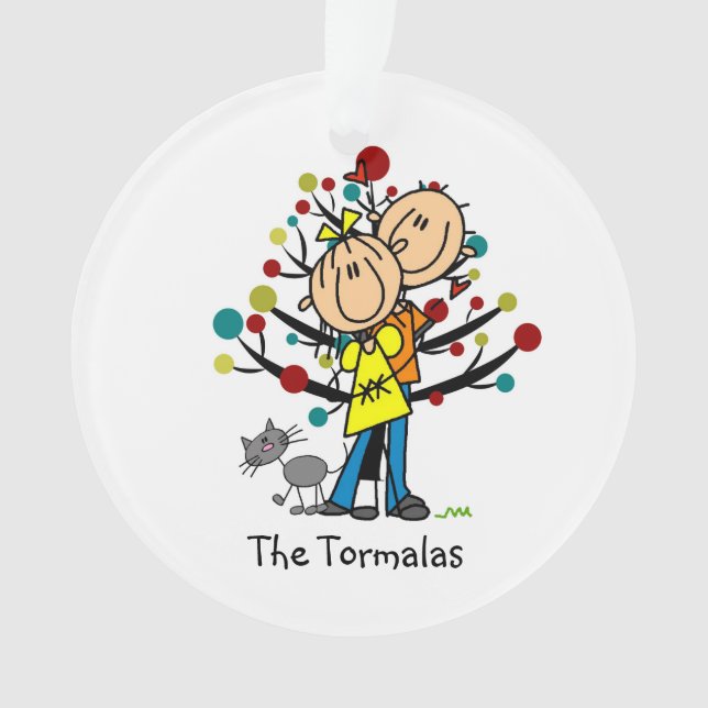 Stick Figure Couple Avec Chat Noël Ornament (devant)