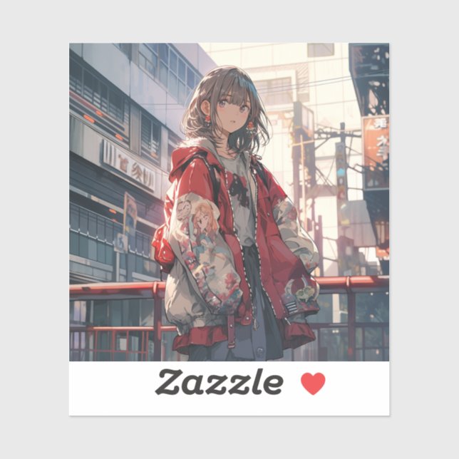 Sticker 橋に佇む赤い服の娘シール Seal｜東京娘 GenerativeAI (Feuille)
