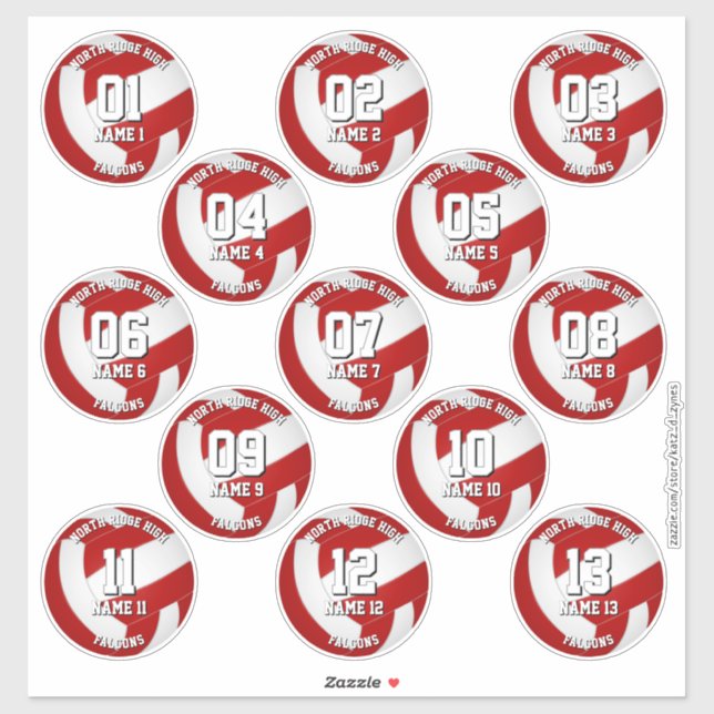Sticker 13 joueurs de volley-ball rouge blanc (Feuille)