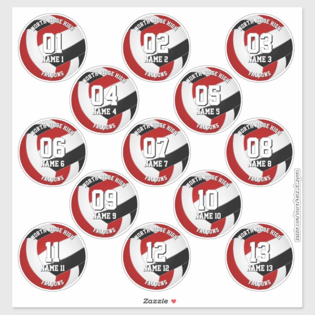 Sticker 13 joueurs de volley-ball rouge noir (Feuille)