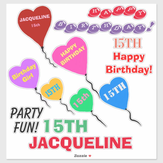 Sticker 15e Anniversaire Ballons Coeurs Personnalisés Viny (Feuille)