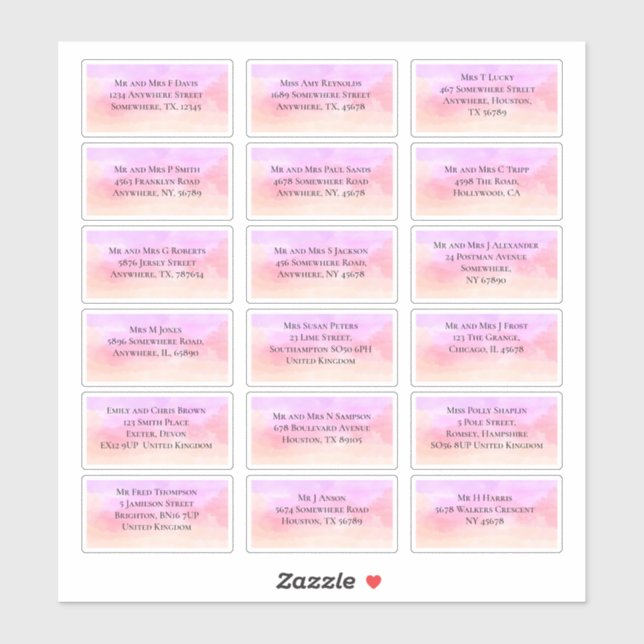 Sticker 18 Nom du client Adresse Pink Lilac Aquarelles (Feuille)