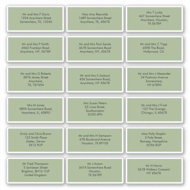 Sticker 18 Noms Individuels Adresses Sage Green (Devant)