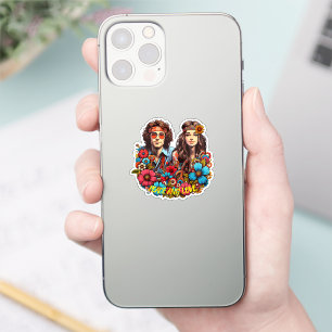 Sticker 1960 Hippie Couple enfant à fleurs Peace & Love ar